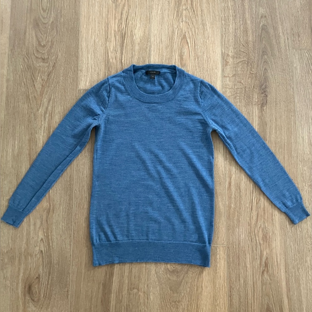 J Crew Tippi 3/4 Sleeve Merino Wool Crew Neck Blue Sweater, Size XS